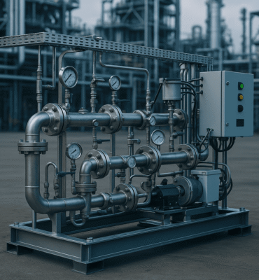 Chemical dosing skid with stainless steel piping, gauges, and control panel used for precise chemical injection in industrial processes.