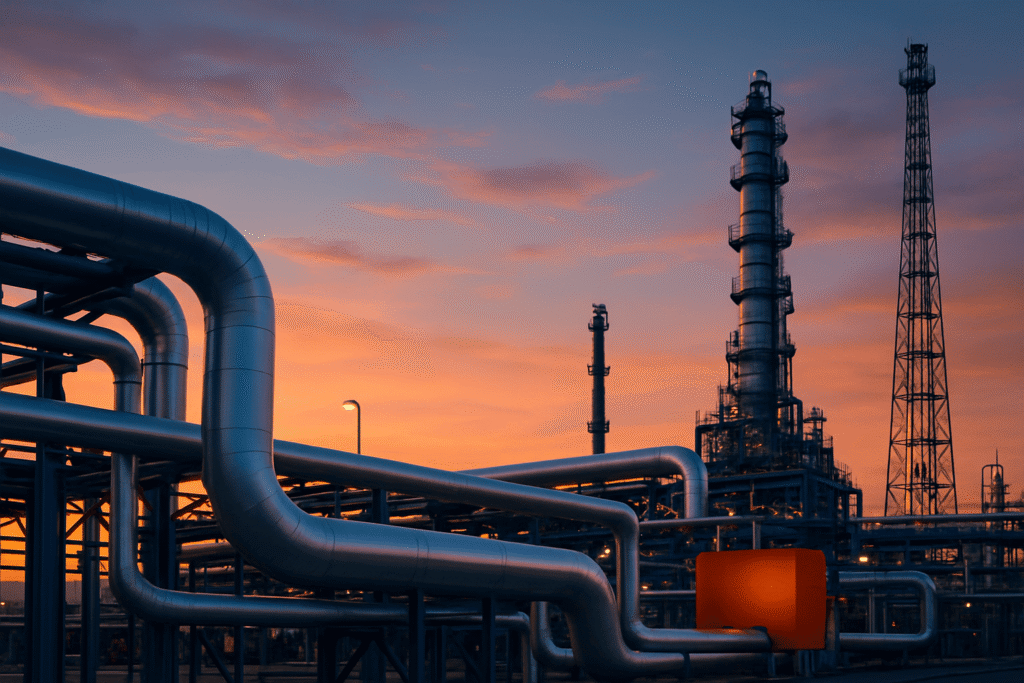 Industrial refinery with interconnected steel pipelines and processing towers at sunset.
